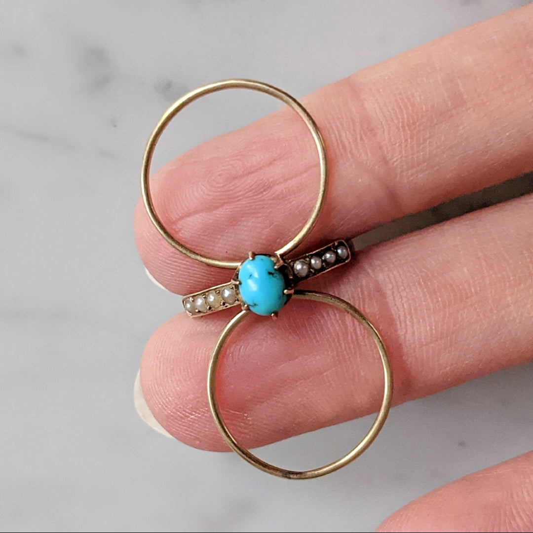 Victorian 14K Gold Turquoise Seed Pearl 3 Band Ring