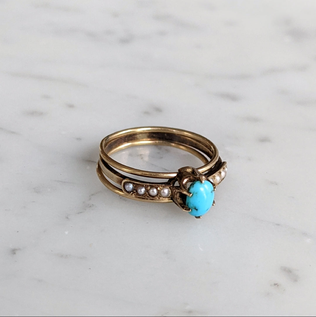 Victorian 14K Gold Turquoise Seed Pearl 3 Band Ring