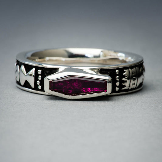 Skeletal Memento Mori Ruby Crystal Ring