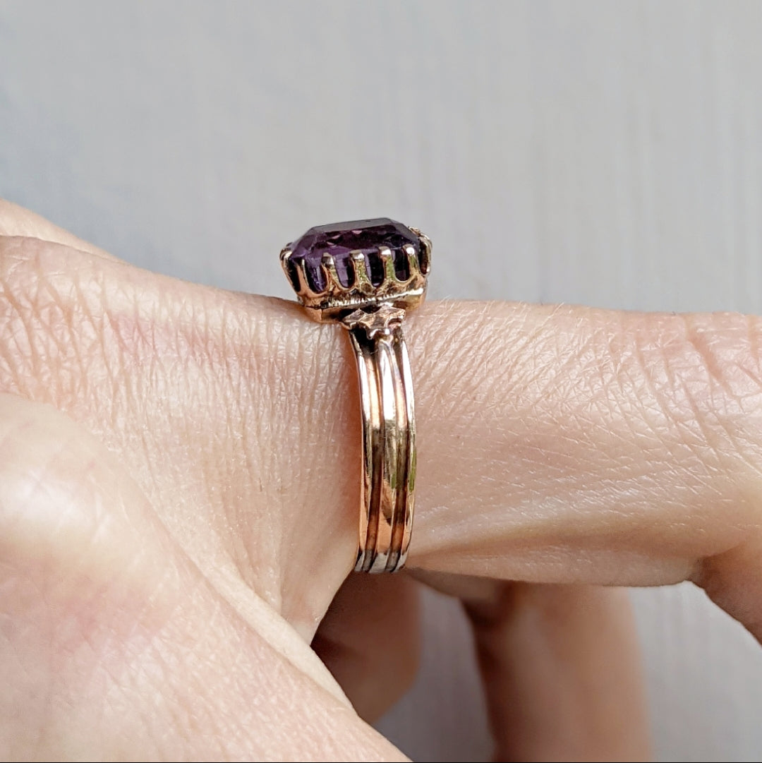 Antique Victorian 12k Rose Gold Radiant Cut Amethyst Ring