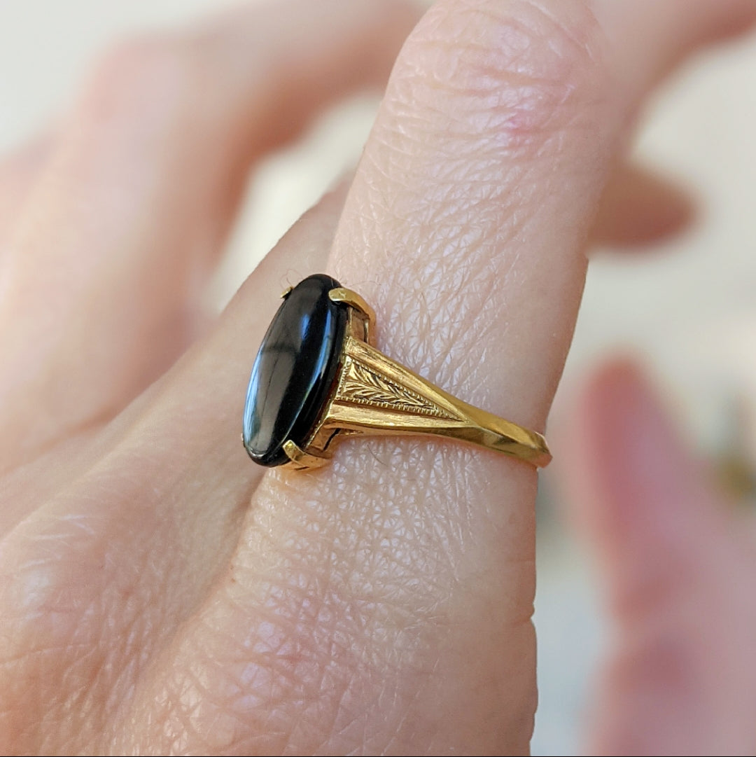 Hexagon Black Onyx Wedding Ring With Trillion Moissanite Side Stones