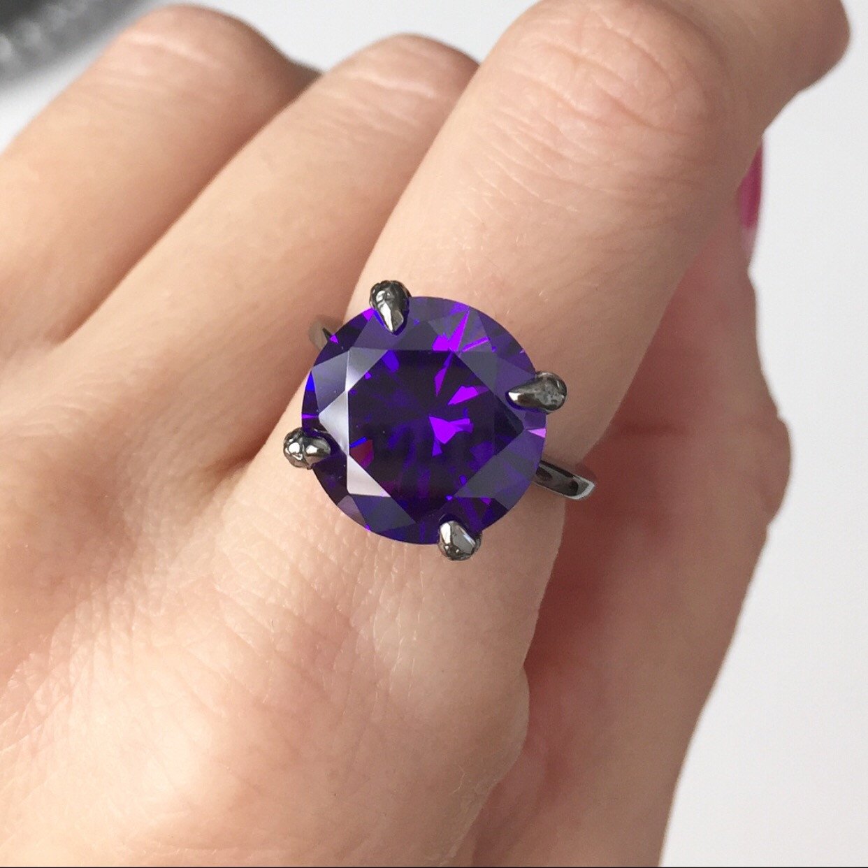 Deep Purple Amethyst Ring in Solid 14k White Gold w Natural Diamond Accents  | Emerald Cut 10x8mm | February Birthday | Statement Ring